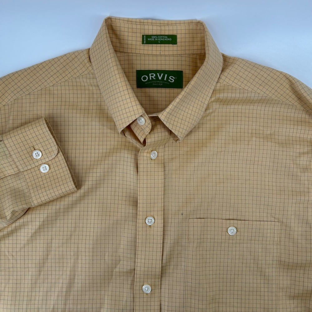 Orvis Button Down Shirt Mens Large Yellow Tattersall Check Cotton Long Sleeve